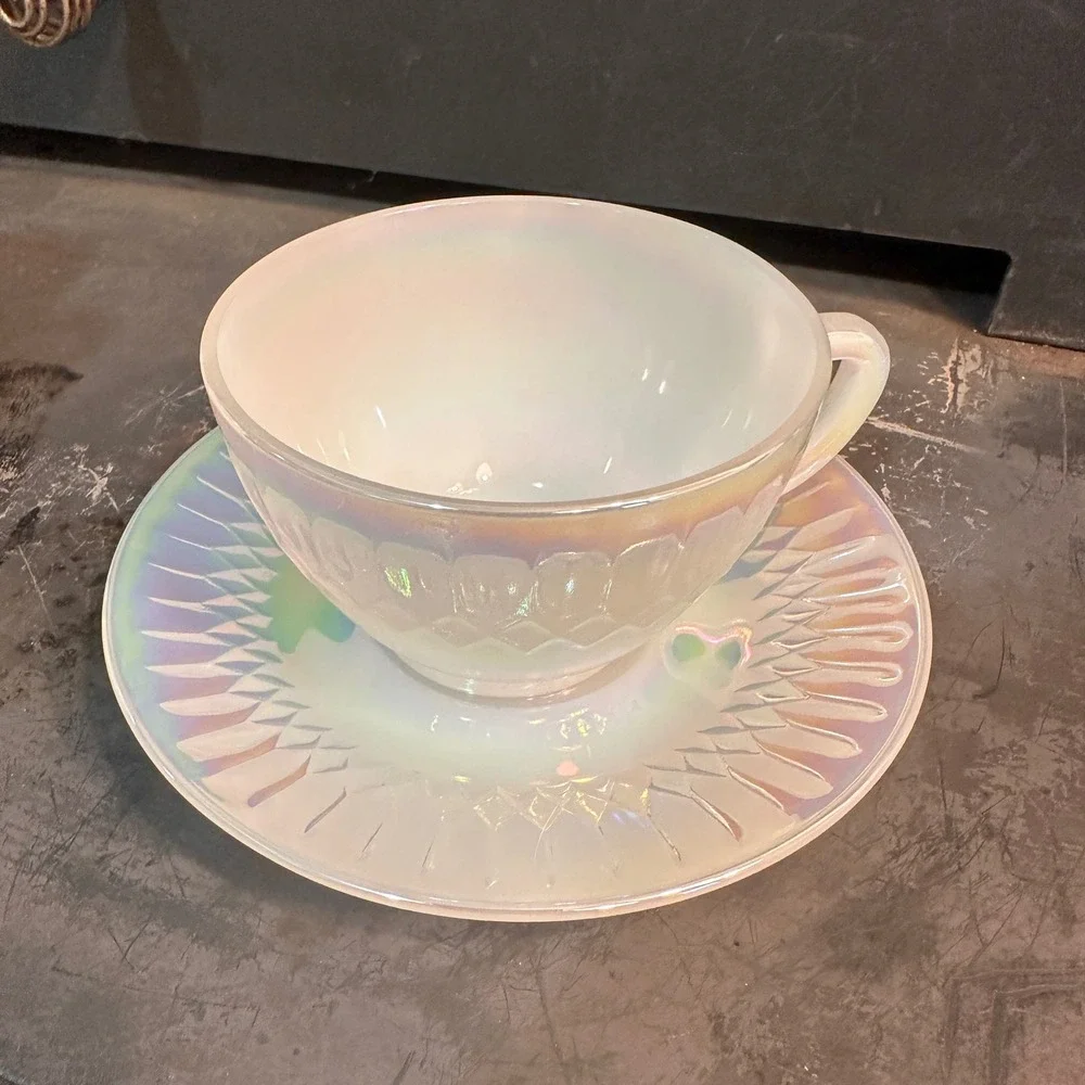 Federal Glass Moonglow Iridescent Tea Cup Saucer Set Vintage 1960s Lustre 6pc
